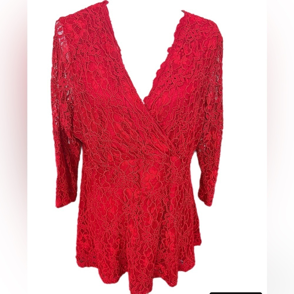 American Rag Cie Blouse Plus Size 1X Red Lace Floral Lacy V Neck Top
